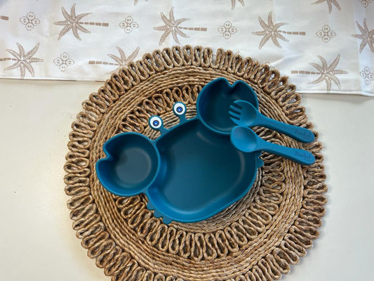 Kids Silicone Crab Plate with cutlery set Blue